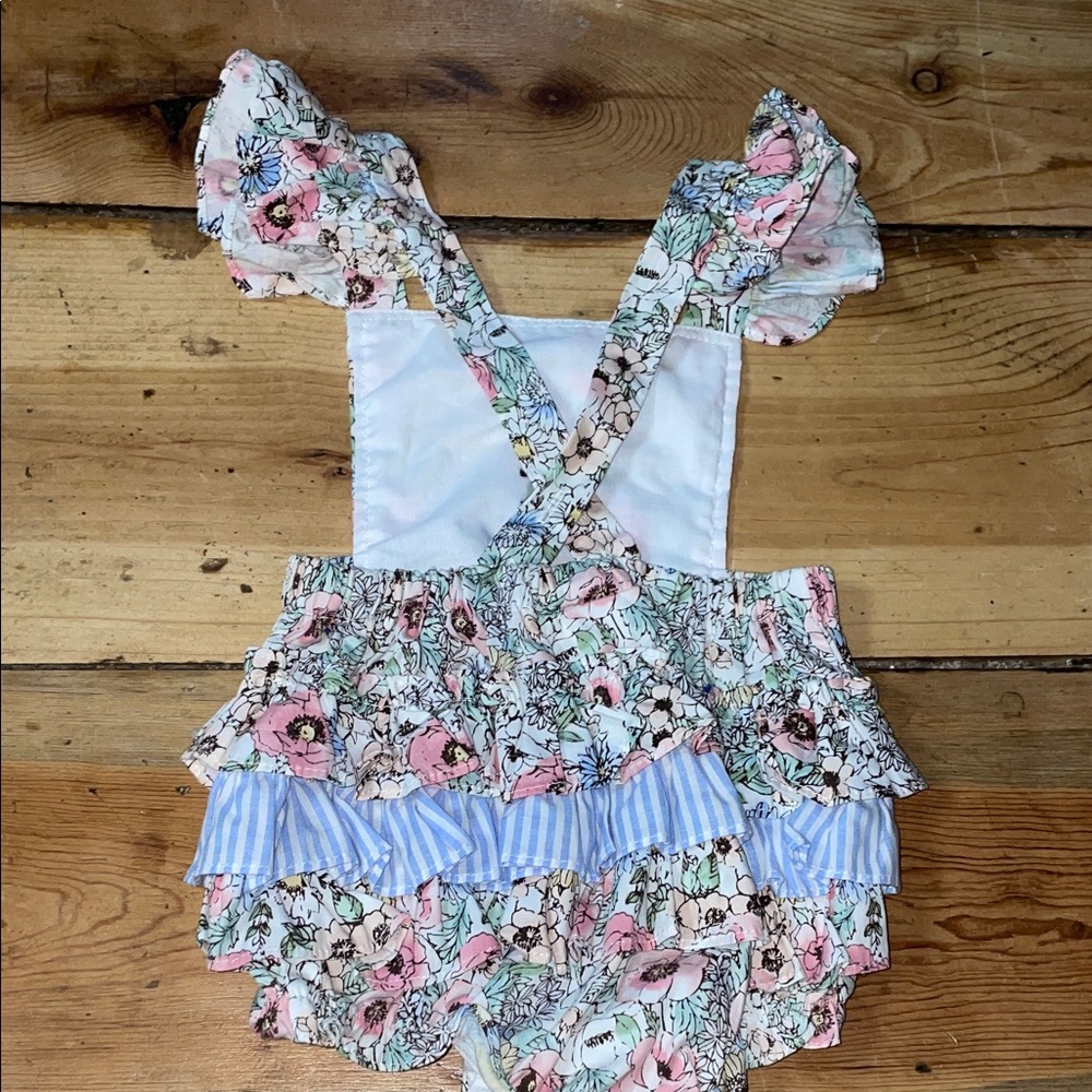 Bonnie Baby Floral Romper with Ruffle Sleeves, stripes, floral, size 12 months, - Picture 4 of 5
